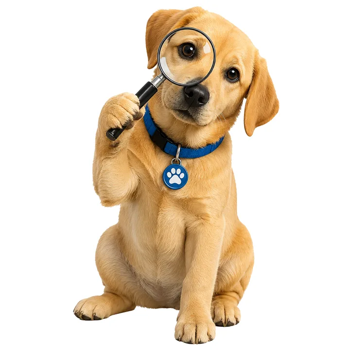 Doggo met een vergrootglas