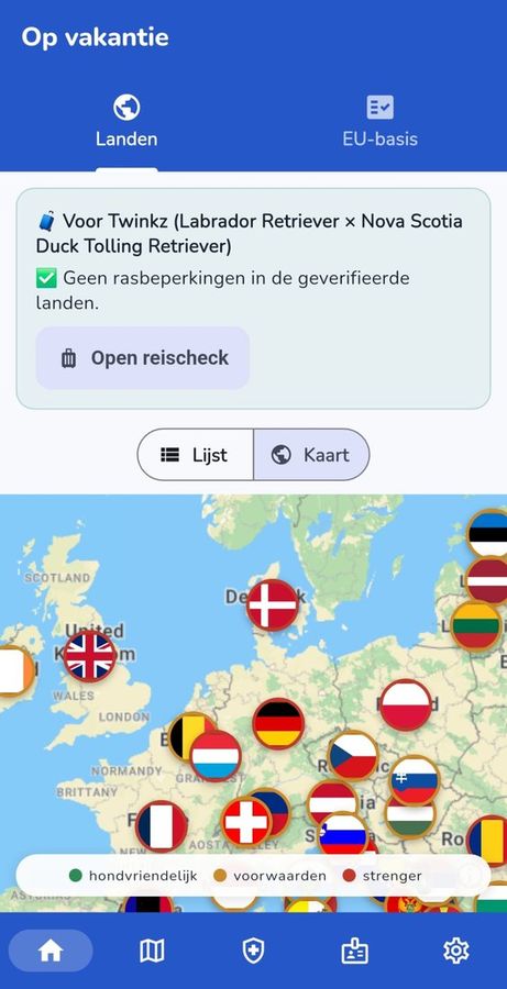 De vakantiekaart met alle landen in de app
